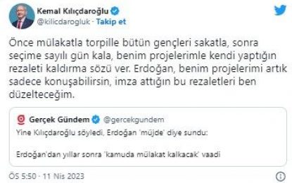 Kılıçdaroğlu’ndan Erdoğan’a: Benim projelerimi artık sadece..
